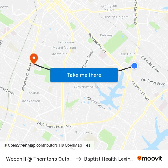 Woodhill @ Thorntons Outbound to Baptist Health Lexington map