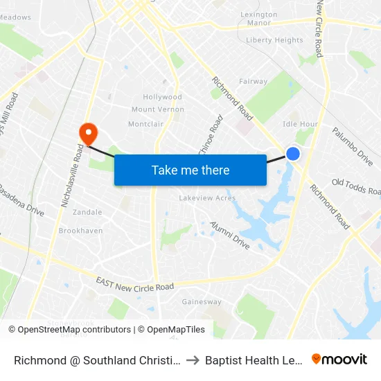 Richmond @ Southland Christian Church to Baptist Health Lexington map