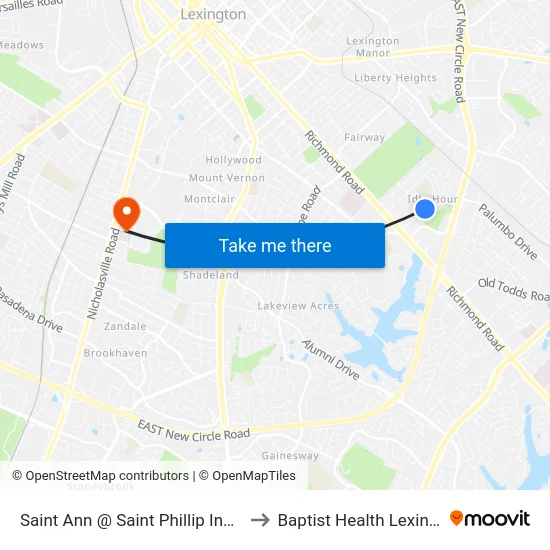 Saint Ann @ Saint Phillip Inbound to Baptist Health Lexington map