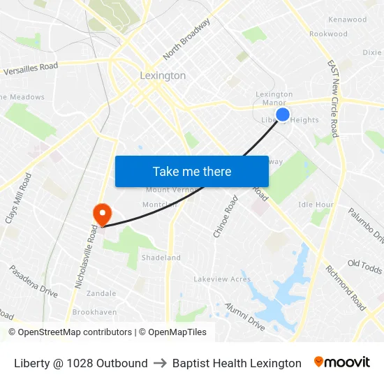 Liberty @ 1028 Outbound to Baptist Health Lexington map