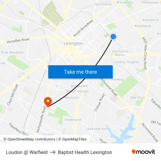 Loudon @ Warfield to Baptist Health Lexington map