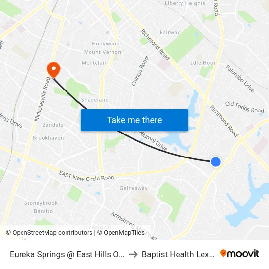 Eureka Springs @ East Hills Outbound to Baptist Health Lexington map