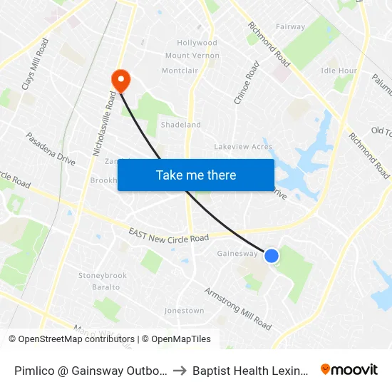Pimlico @ Gainsway Outbound to Baptist Health Lexington map