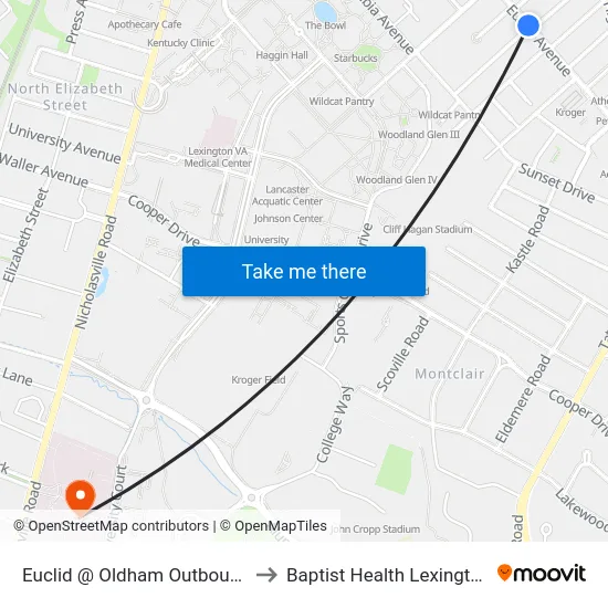 Euclid @ Oldham Outbound to Baptist Health Lexington map