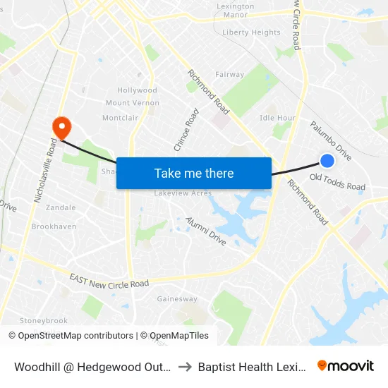 Woodhill @ Hedgewood Outbound to Baptist Health Lexington map
