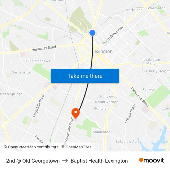 2nd @ Old Georgetown to Baptist Health Lexington map