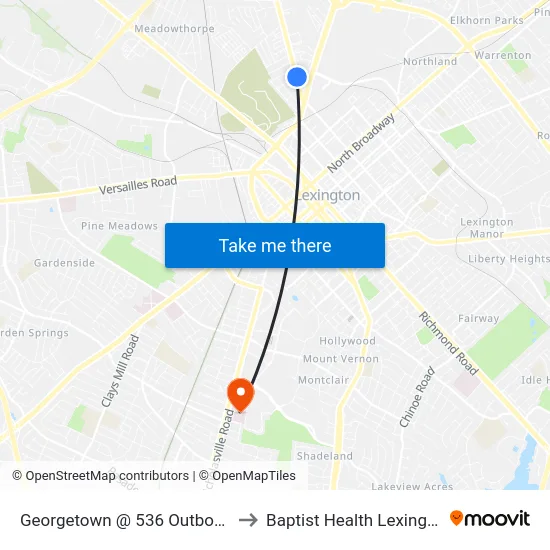 Georgetown @ 536 Outbound to Baptist Health Lexington map