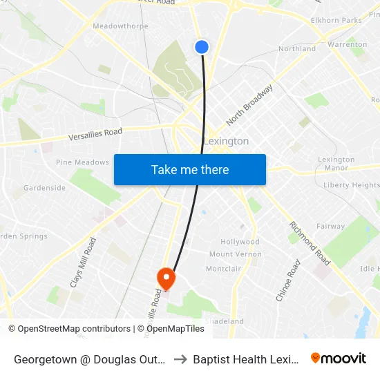 Georgetown @ Douglas Outbound to Baptist Health Lexington map