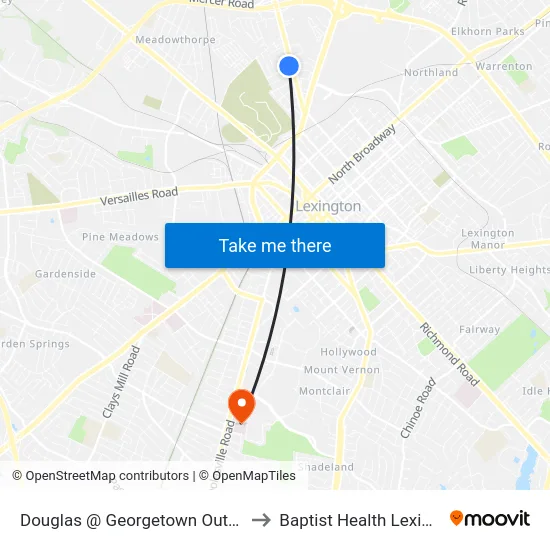 Douglas @ Georgetown Outbound to Baptist Health Lexington map