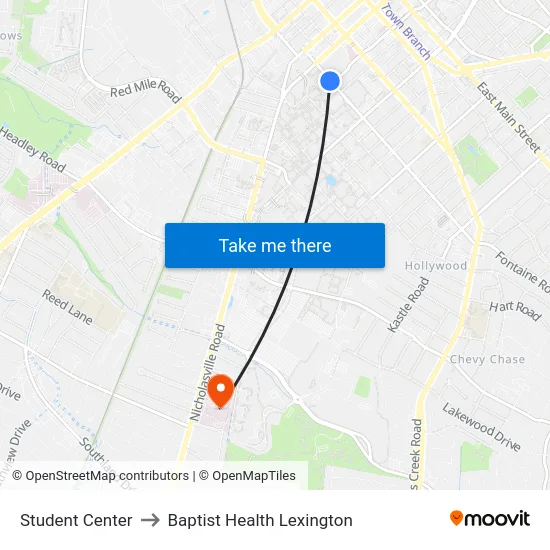 Student Center to Baptist Health Lexington map