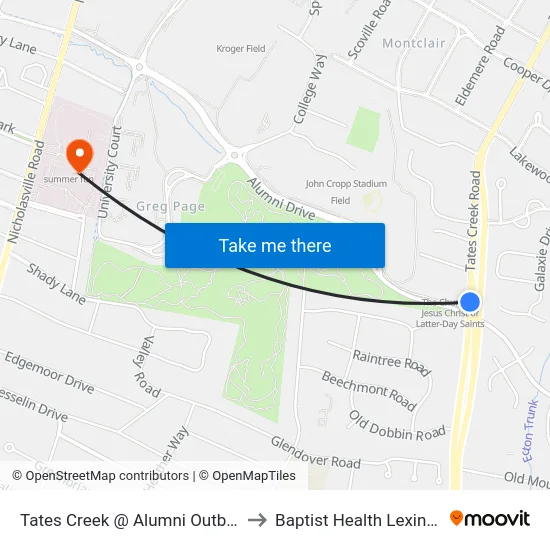 Tates Creek @ Alumni Outbound to Baptist Health Lexington map