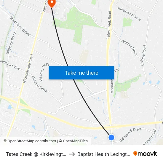 Tates Creek @ Kirklevington to Baptist Health Lexington map
