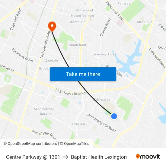 Centre Parkway @ 1301 to Baptist Health Lexington map