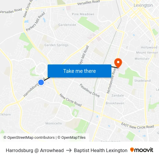 Harrodsburg @ Arrowhead to Baptist Health Lexington map