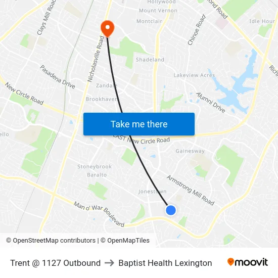 Trent @ 1127 Outbound to Baptist Health Lexington map