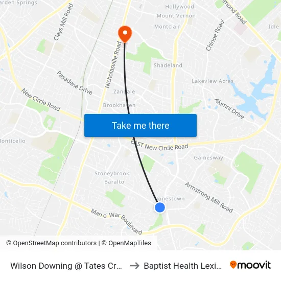 Wilson Downing @ Tates Creek Ctr to Baptist Health Lexington map