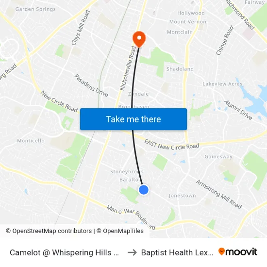 Camelot @ Whispering Hills Outbound to Baptist Health Lexington map