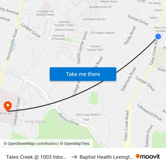Tates Creek @ 1003 Inbound to Baptist Health Lexington map