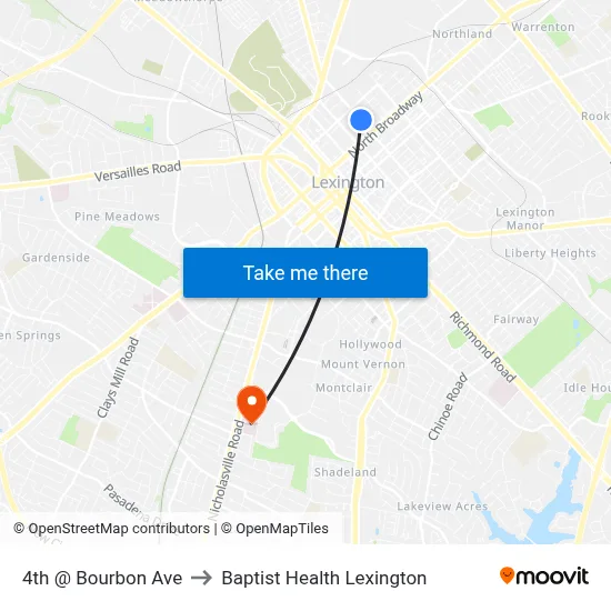 4th @ Bourbon Ave to Baptist Health Lexington map
