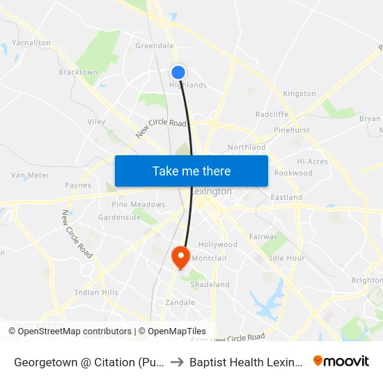 Georgetown @ Citation (Publix) to Baptist Health Lexington map