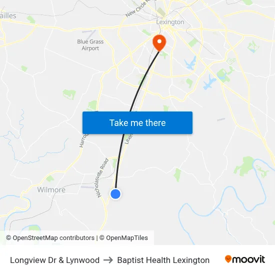 Longview Dr & Lynwood to Baptist Health Lexington map