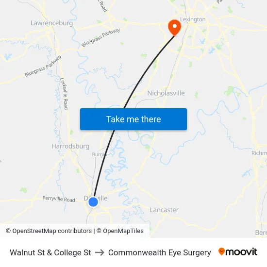 Walnut St & College St to Commonwealth Eye Surgery map