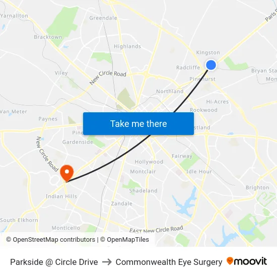 Parkside @ Circle Drive to Commonwealth Eye Surgery map