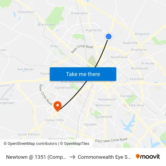 Newtown @ 1351 (Comp Care) to Commonwealth Eye Surgery map
