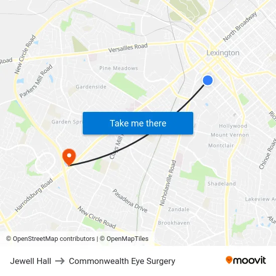 Jewell Hall to Commonwealth Eye Surgery map
