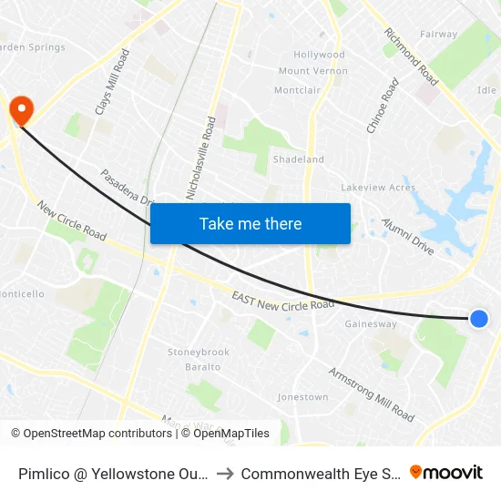 Pimlico @ Yellowstone Outbound to Commonwealth Eye Surgery map