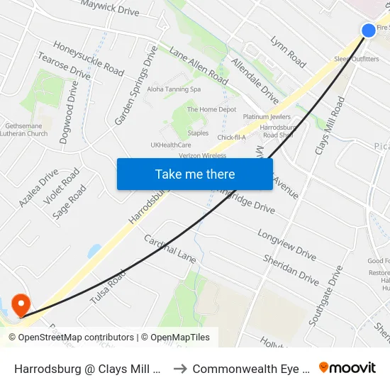 Harrodsburg @ Clays Mill Outbound to Commonwealth Eye Surgery map