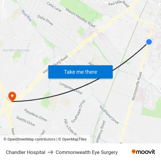 Chandler Hospital to Commonwealth Eye Surgery map