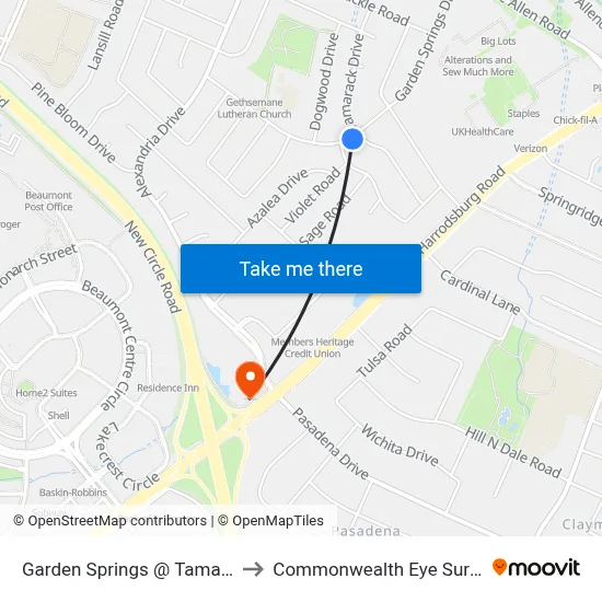 Garden Springs @ Tamarack to Commonwealth Eye Surgery map