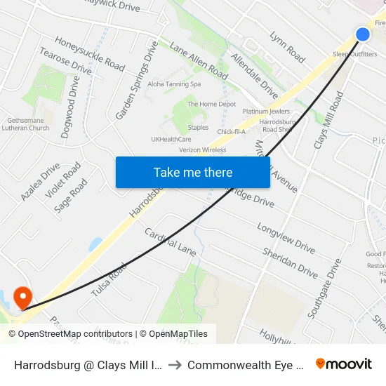 Harrodsburg @ Clays Mill Inbound to Commonwealth Eye Surgery map