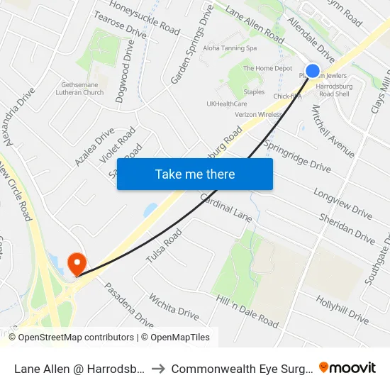 Lane Allen @ Harrodsburg to Commonwealth Eye Surgery map