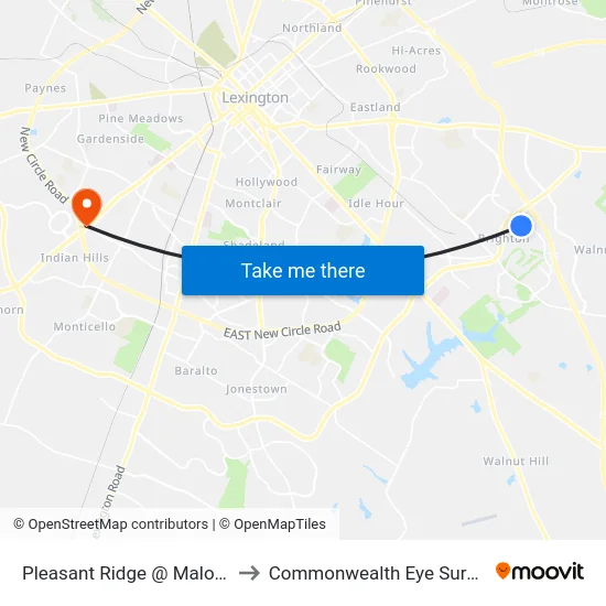 Pleasant Ridge @ Malones to Commonwealth Eye Surgery map