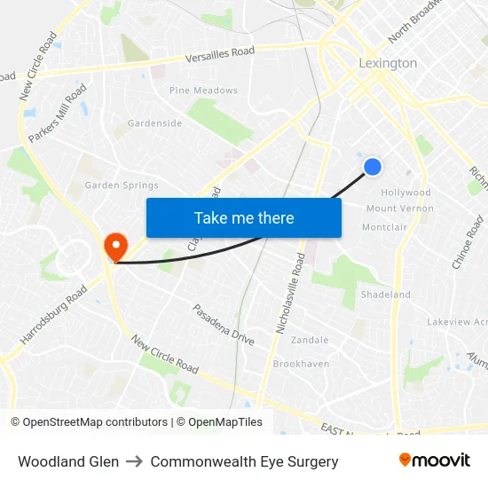 Woodland Glen to Commonwealth Eye Surgery map