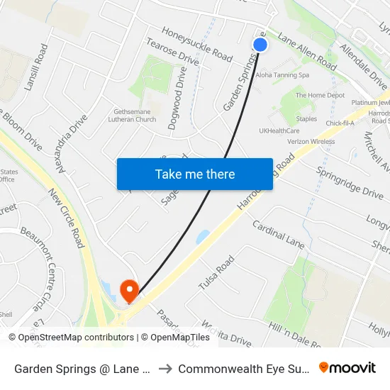 Garden Springs @ Lane Allen to Commonwealth Eye Surgery map