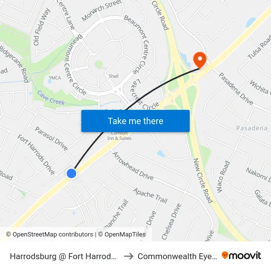 Harrodsburg @ Fort Harrods Outbound to Commonwealth Eye Surgery map