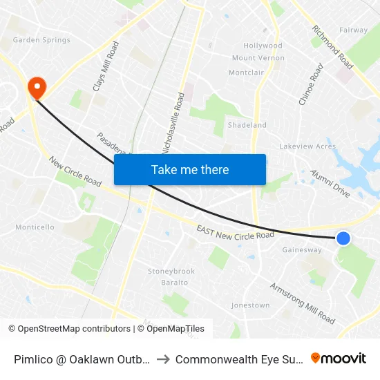 Pimlico @ Oaklawn Outbound to Commonwealth Eye Surgery map