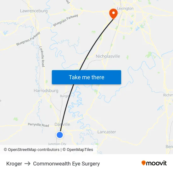Kroger to Commonwealth Eye Surgery map