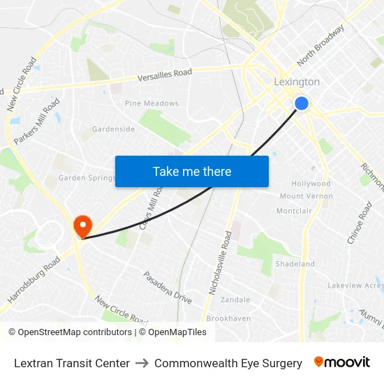 Lextran Transit Center to Commonwealth Eye Surgery map