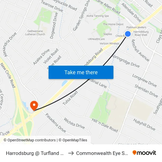Harrodsburg @ Turfland Mall Ib to Commonwealth Eye Surgery map