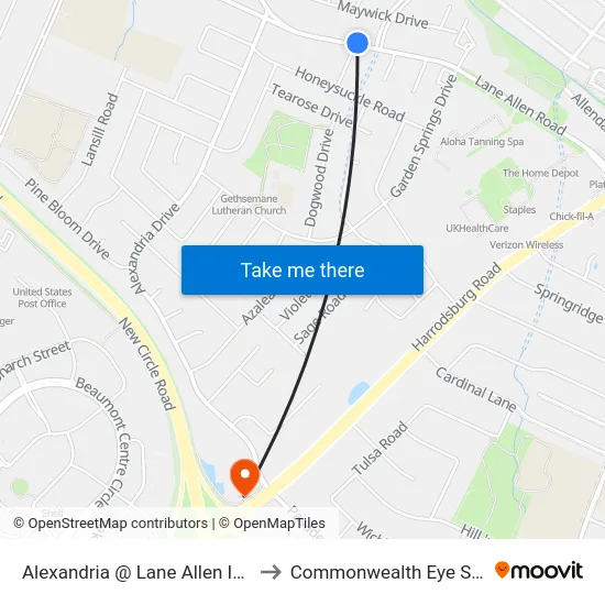 Alexandria @ Lane Allen Inbound to Commonwealth Eye Surgery map