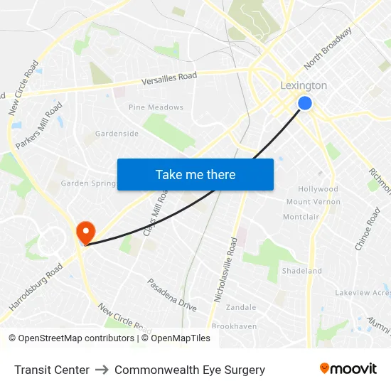 Transit Center to Commonwealth Eye Surgery map