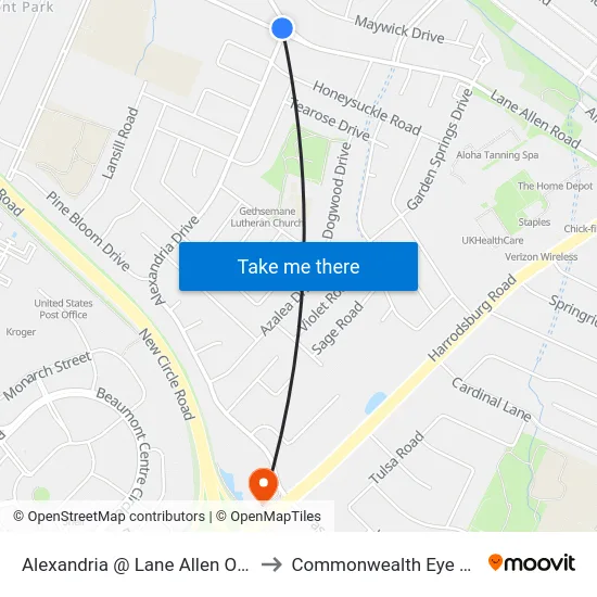 Alexandria @ Lane Allen Outbound to Commonwealth Eye Surgery map