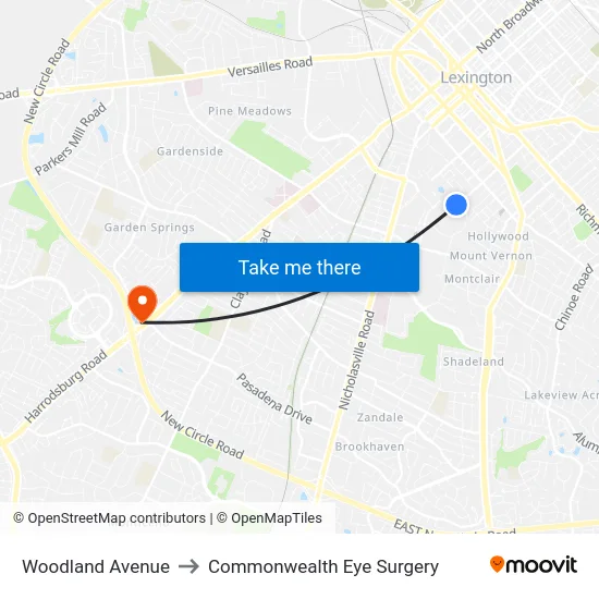 Woodland Avenue to Commonwealth Eye Surgery map