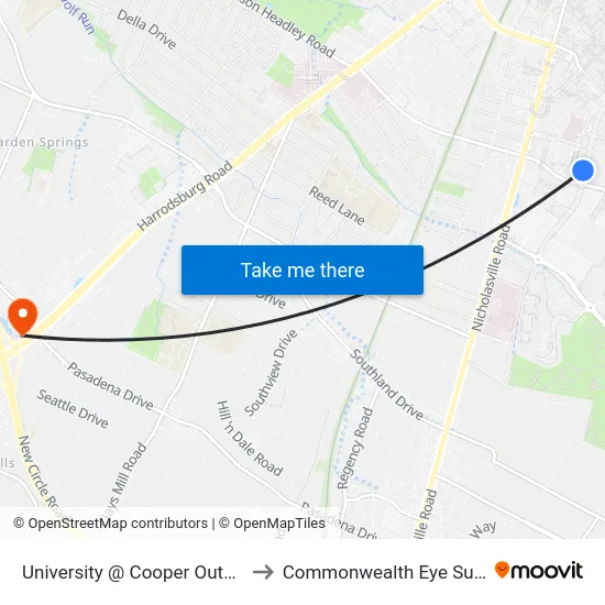 University @ Cooper Outbound to Commonwealth Eye Surgery map