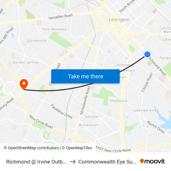 Richmond @ Irvine Outbound to Commonwealth Eye Surgery map