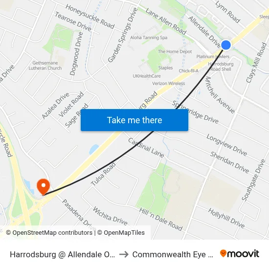 Harrodsburg @ Allendale Outbound to Commonwealth Eye Surgery map